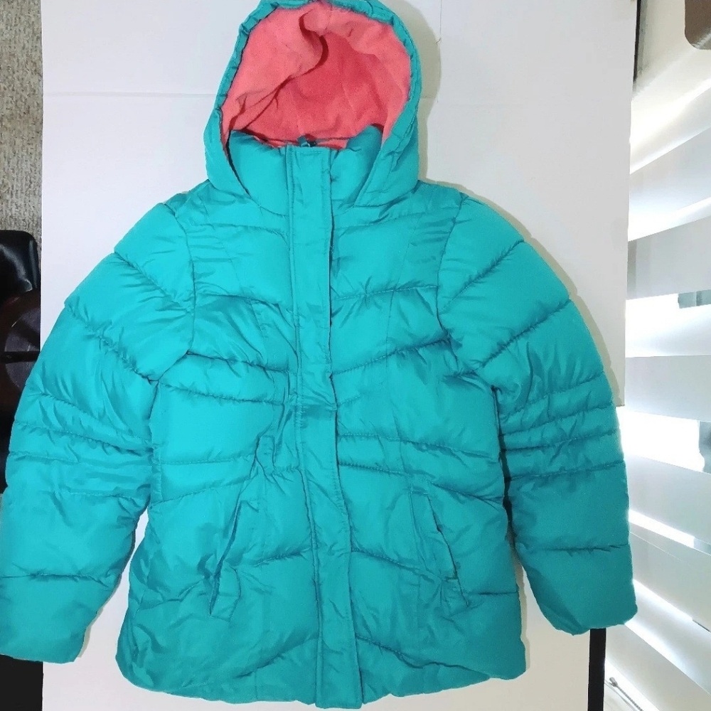 Girls' Teal and Coral Puffer Jacket Size L 14/16